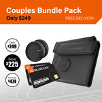 A black SolGuard wallet case with a circular card holder, shown alongside a black ID blocker card and two circular black accessories on a light gray background. Promotional text circles on the left read 'Only $249', 'Save $225', and 'Normally $474'.