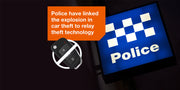 Police warning graphic highlighting the rise in relay car theft, with crossed-out car key icon and police signage.