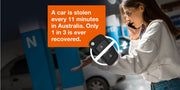 Woman holding car keys with a statistic about stolen cars in Australia displayed.