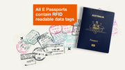 Australian passport with travel stamps and an orange banner about RFID readability.