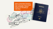 Australian passport with travel stamps on a white background, featuring text about its value.