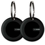 Two black circular SkimGuard keychain trackers with silver key rings, shown on a clean white background.