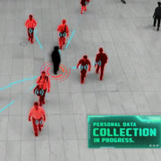 People walking on a tiled floor with red silhouettes and data collection interface.
