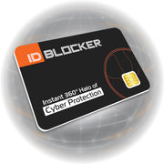 A black ID Blocker card with white and orange text, shown inside a glowing blue and orange digital halo on a white background.