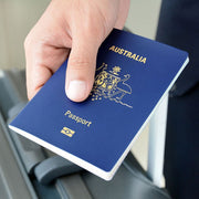 Close up of a hand holding an Australian passport