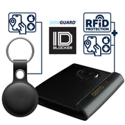 Black Passport wallet and leather keychain with Skimguard branding and RFID protection features on a white background.