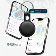 Leather keychain with a Travel Traka device with app interface on smartphone screens, featuring 'Find My' branding.