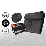 A black SolGuard wallet case with a circular card holder, shown alongside a black ID blocker card and two circular black accessories on a light gray background. Promotional text circles on the left read 'Only $249', 'Save $225', and 'Normally $474'.