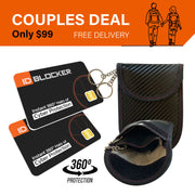ID Blocker cards and a case with promotional text on an orange and white background