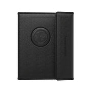 Black Passport Wallet with a circular emblem on a white background