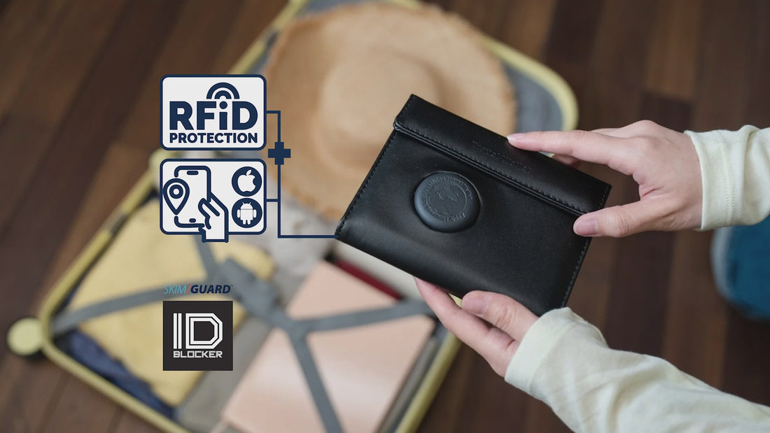 Hands holding a black passport wallet above an open suitcase with icons displayed on the left side