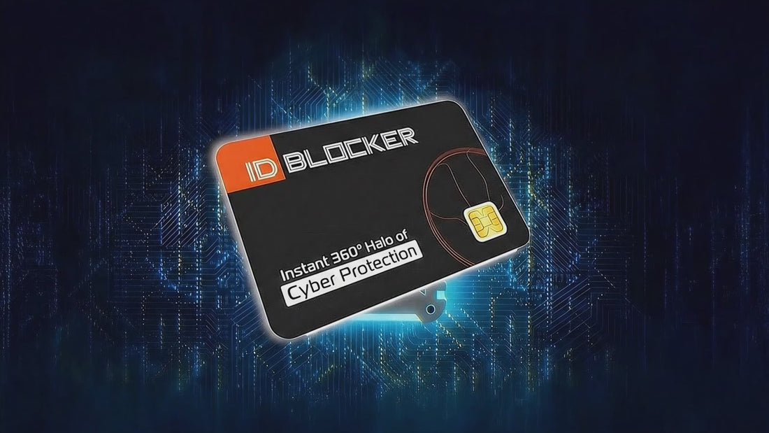 ID Blocker RFID-shielding card on a blue digital-circuit background, highlighting its 360° cyber-protection design.